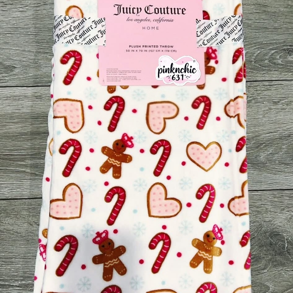 Juicy Couture Candy Cane and Gingerbread Man Christmas Throw Blanket